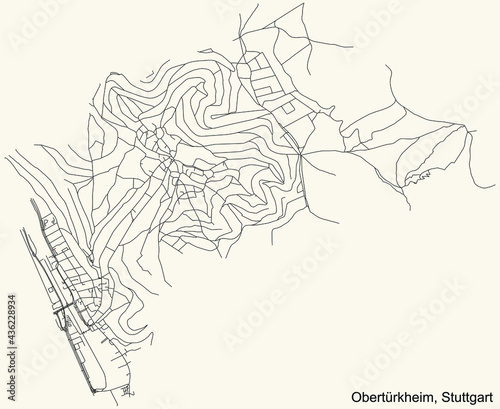 Black simple detailed street roads map on vintage beige background of the quarter Obertürkheim of district Obertürkheim of Stuttgart, Germany