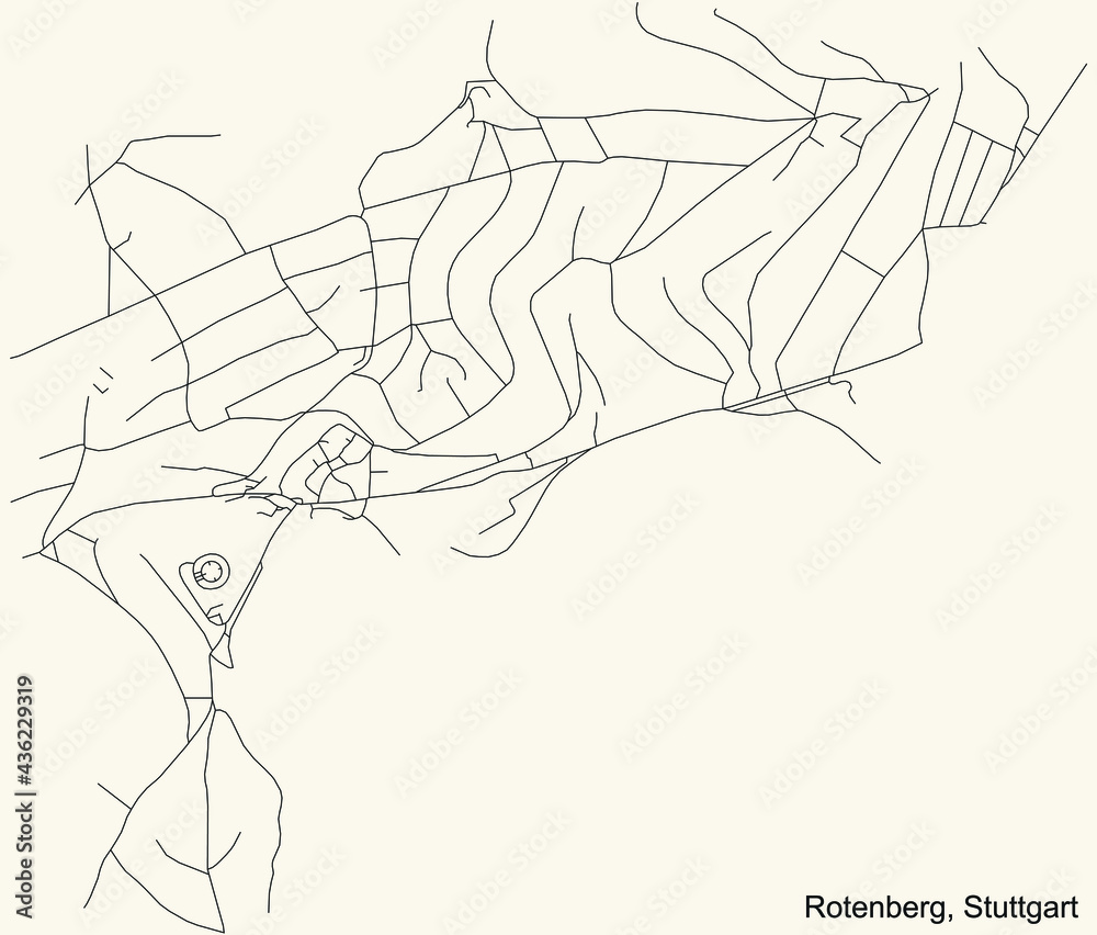 Black simple detailed street roads map on vintage beige background of the quarter Rotenberg of district Untertürkheim of Stuttgart, Germany