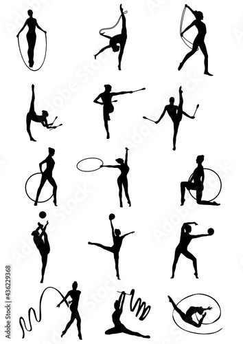 Olympic rhythmic gymnastics icons silhouettes with rope, hoop, clubs, ball, ribbon  Apparatus in svg