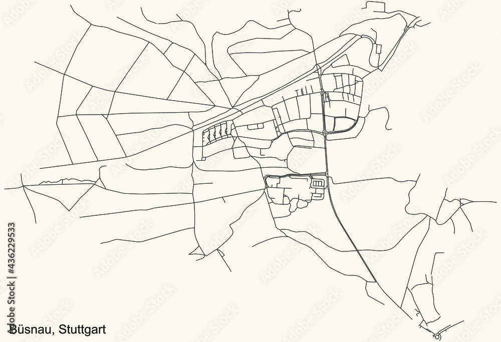 Black simple detailed street roads map on vintage beige background of the quarter Büsnau of district Vaihingen of Stuttgart, Germany