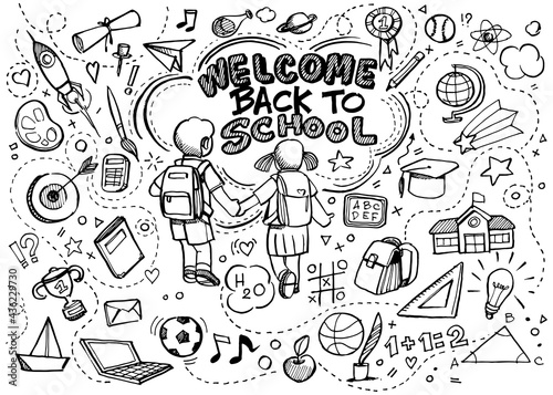 Vector illustration of Doodle Back to school, Hand drawn set of cute doodles for decoration on white background,Funny Doodle Hand Drawn,Page for coloring.