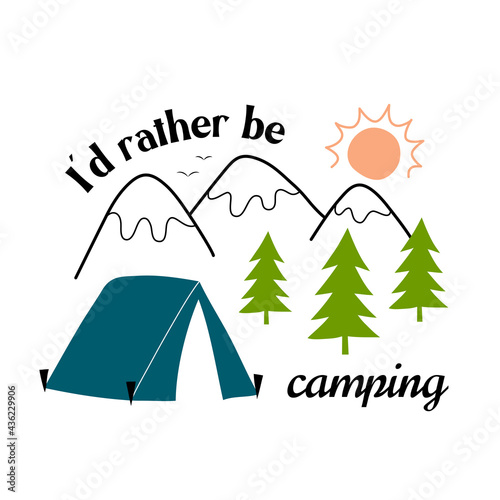 Mountains  sun  forest  and tent. Vector illustration in color doodle style. Hiking vacation concept. Suitable for advertising a camping site or organizing hikes