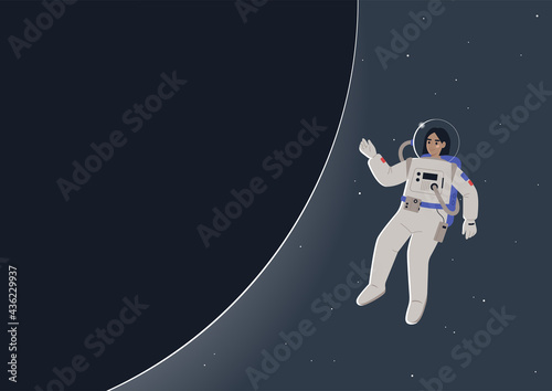 A young female astronaut in a spacesuit floating in open space next to a dark planet, a science fiction theme