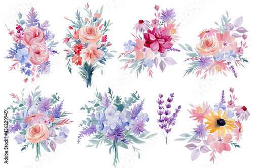 Watercolor floral set. Abstract flowers, illustration isolated on white background.
