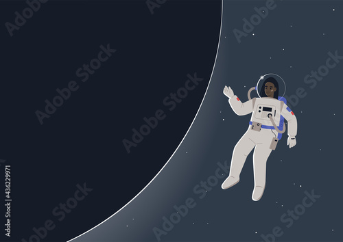A young female Black astronaut in a spacesuit floating in open space next to a dark planet, a science fiction theme