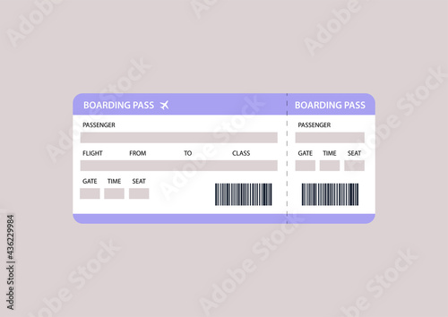 A boarding pass template, a design of an airline ticket with a bar code