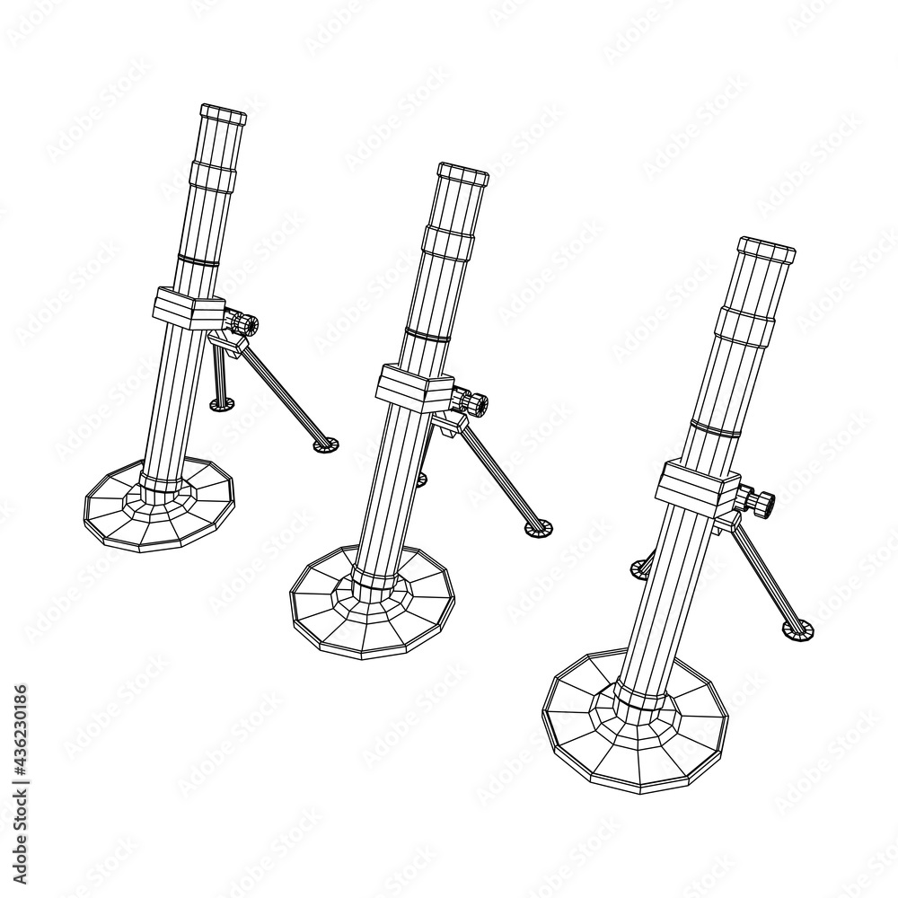 Firearm weapon army mortar and mine. Wireframe low poly mesh vector illustration