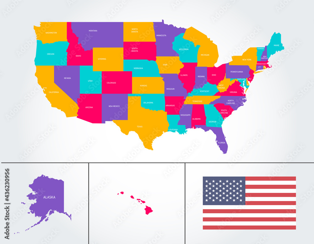 Obraz premium Vector isolated illustration of simplified administrative map of USA (United States of America). Borders and names of the states. Multi colored silhouettes