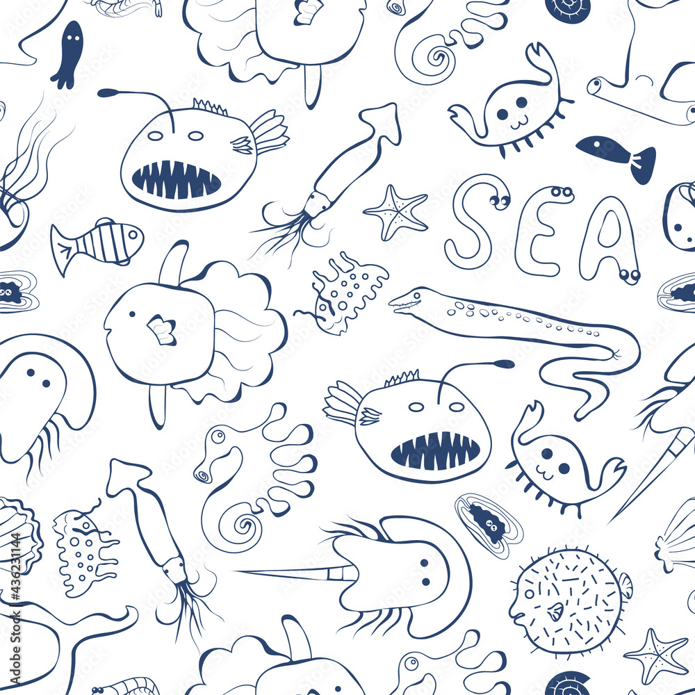 Cute sea creatures line style on the white background seamless pattern