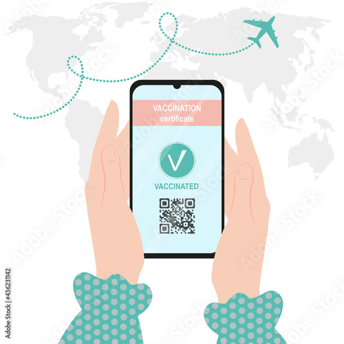 Vaccination certificate passport. A woman holds a smartphone with a mobile application with a QR code about a person vaccinated against COVID-19. New normal travel concept.