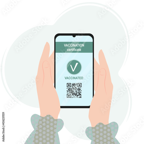 Vaccination certificate passport. A woman holds a smartphone with a mobile application with a QR code about a person vaccinated against COVID-19. New normal travel concept.