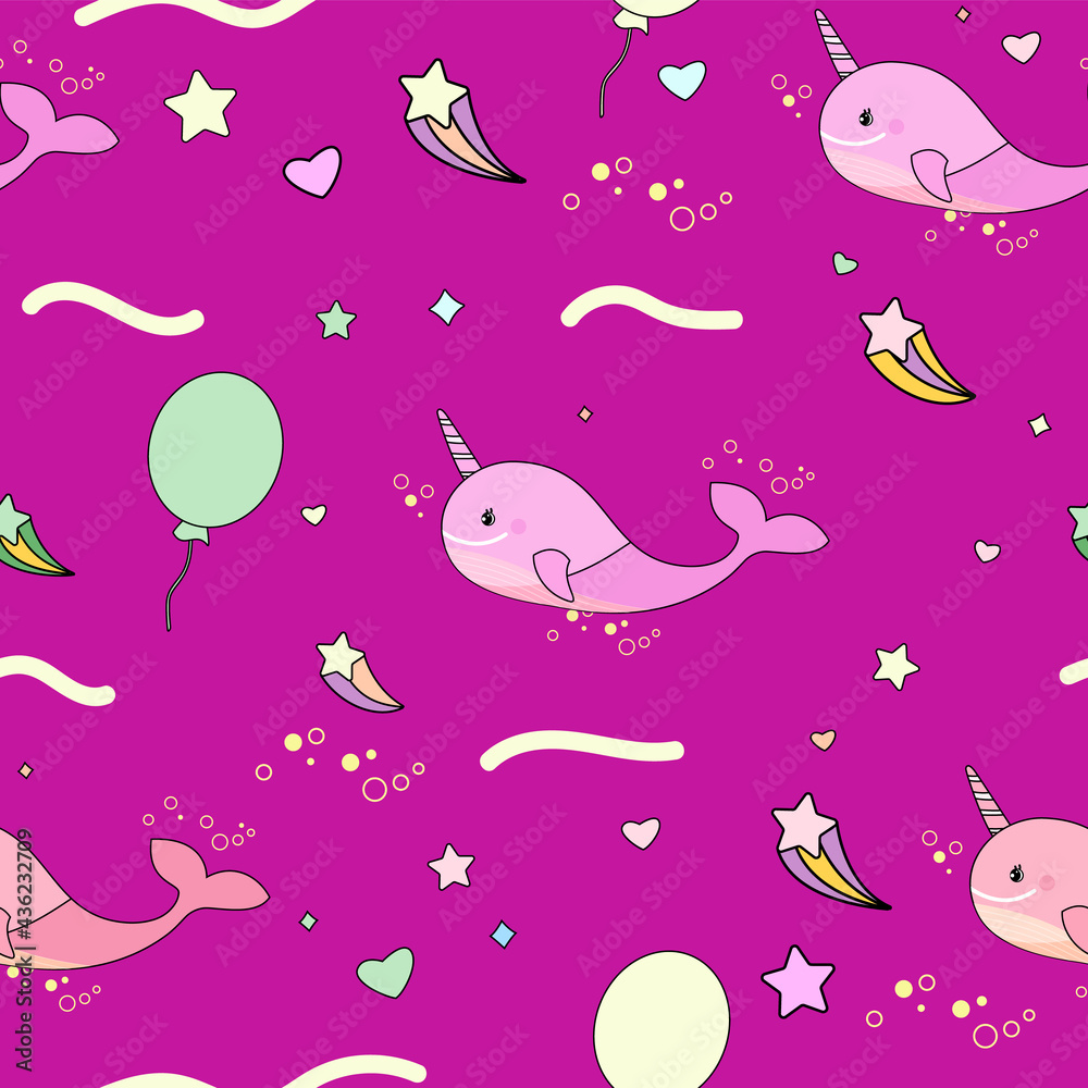 Obraz premium Kids pattern with unicorn whale and balloons on bright pink background.