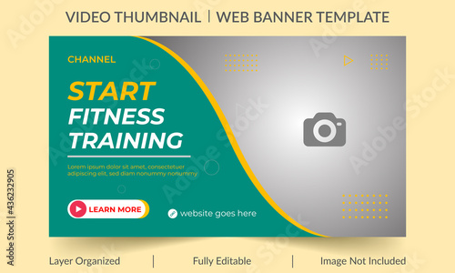 Fitness gym training class thumbnail design for any videos. Fitness gym customizable video thumbnail and web banner template. Video cover photo template for social media