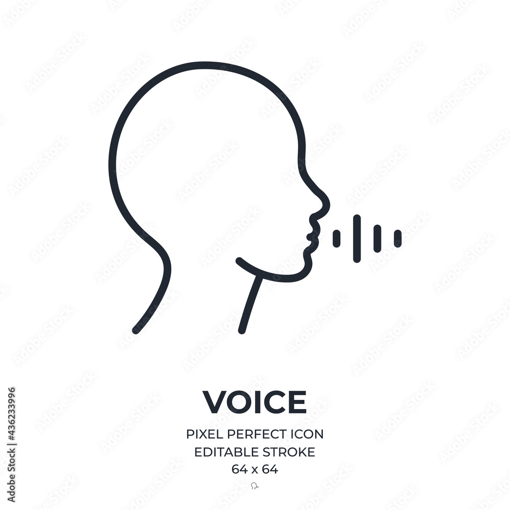 Voice concept. Human face with sound waves editable stroke outline icon isolated on white background flat vector illustration. Pixel perfect. 64 x 64. Voice concept. Human face with sound waves editable stroke outline icon isolated on white background flat vector illustration. Pixel perfect. 64 x 64.