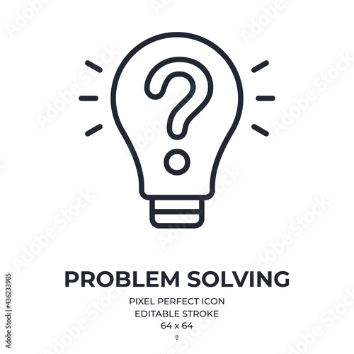 Problem solving concept. Bulb with a question mark editable stroke outline icon isolated on white background flat vector illustration. Pixel perfect. 64 x 64.
