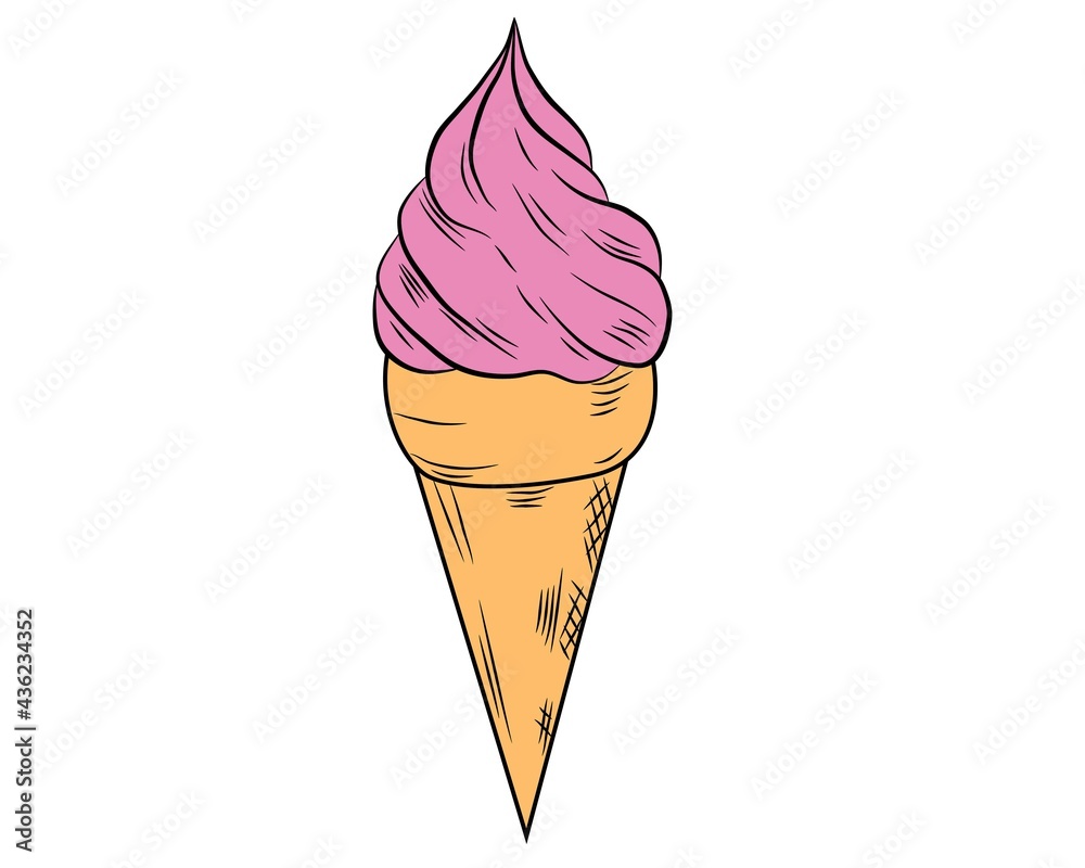 Realistic ice cream with a waffle tube on a white background with frosting. Vector illustration. Realistic ice cream with a waffle tube on a white background with frosting. Vector illustration.