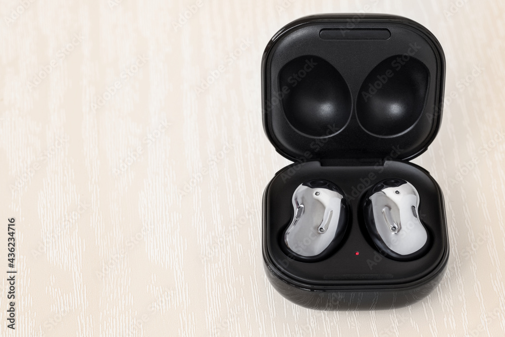 Wireless headphones in a case
on a light wood background Wireless headphones in a case
on a light wood background