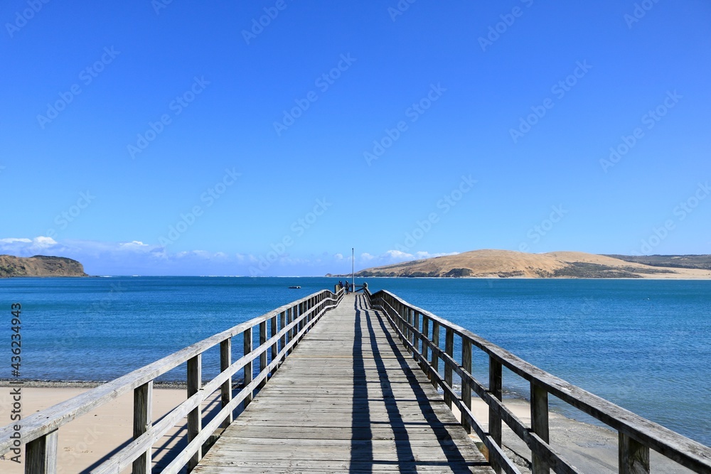 青い空と海にかかる木製の桟橋【ニュージーランド北島】
