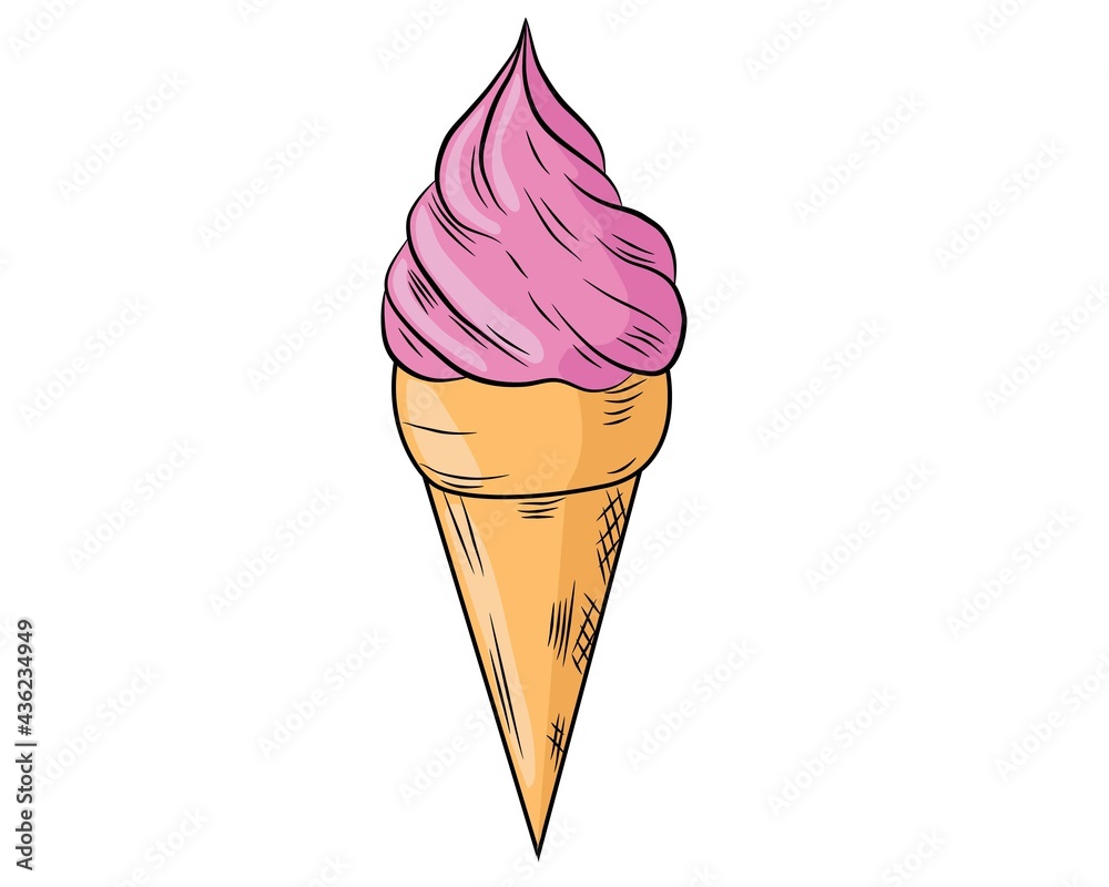Realistic ice cream with a waffle tube on a white background with frosting. Vector illustration. Realistic ice cream with a waffle tube on a white background with frosting. Vector illustration.
