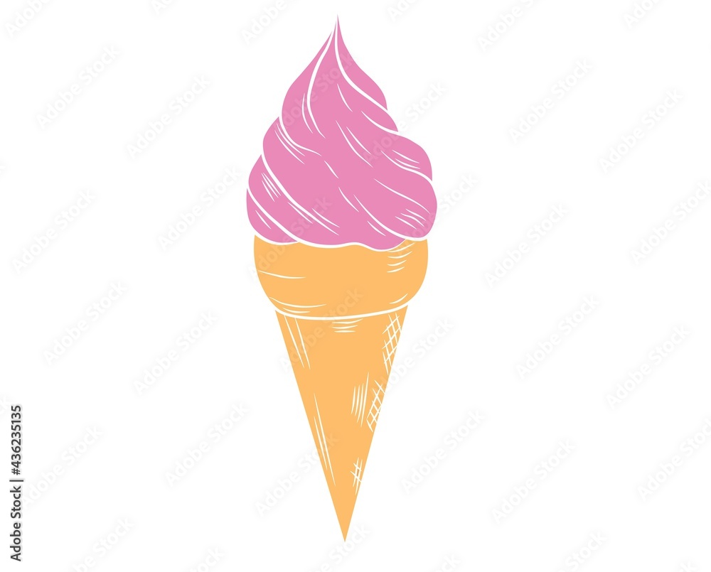 Realistic ice cream with a waffle tube on a white background with frosting. Vector illustration. Realistic ice cream with a waffle tube on a white background with frosting. Vector illustration.