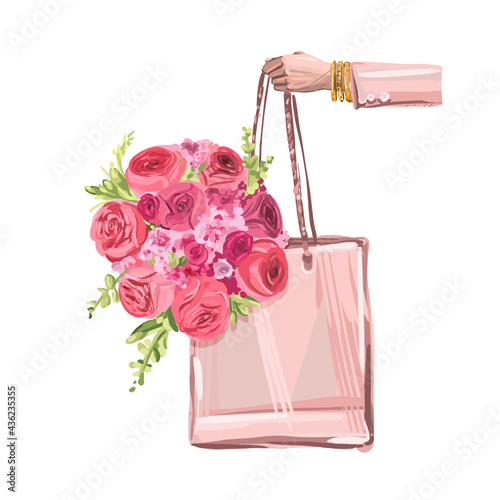 Woman with flowers. Beauty, fashion, gift, love concept. Fashionable lifestyle and womens day present illustration. 