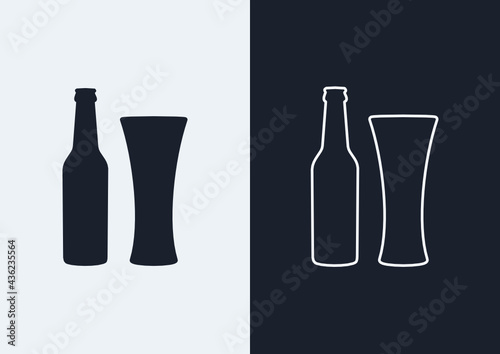 Beer bottle and pilsner glass icon. (Outlined and silhouette vector of beer bottle and pilsner glass)