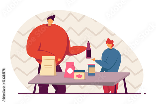 Father and son unpacking groceries at home after shopping. Man holding bottle, child checking receipt, products on table flat vector illustration. Shopping, family concept for banner, website design