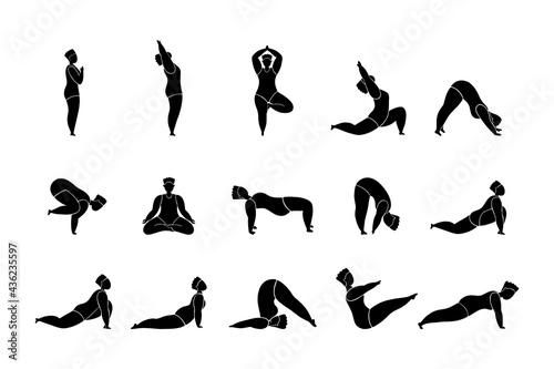 Plus size Woman doing yoga exercises, set.