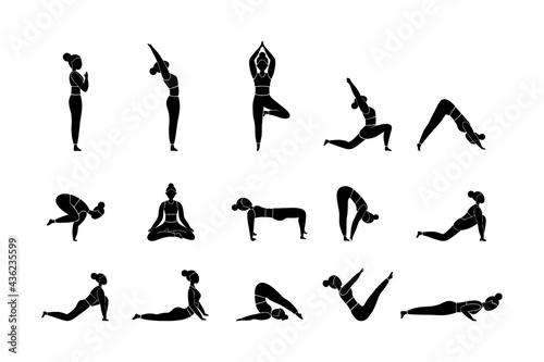 Woman doing yoga exercises  set.