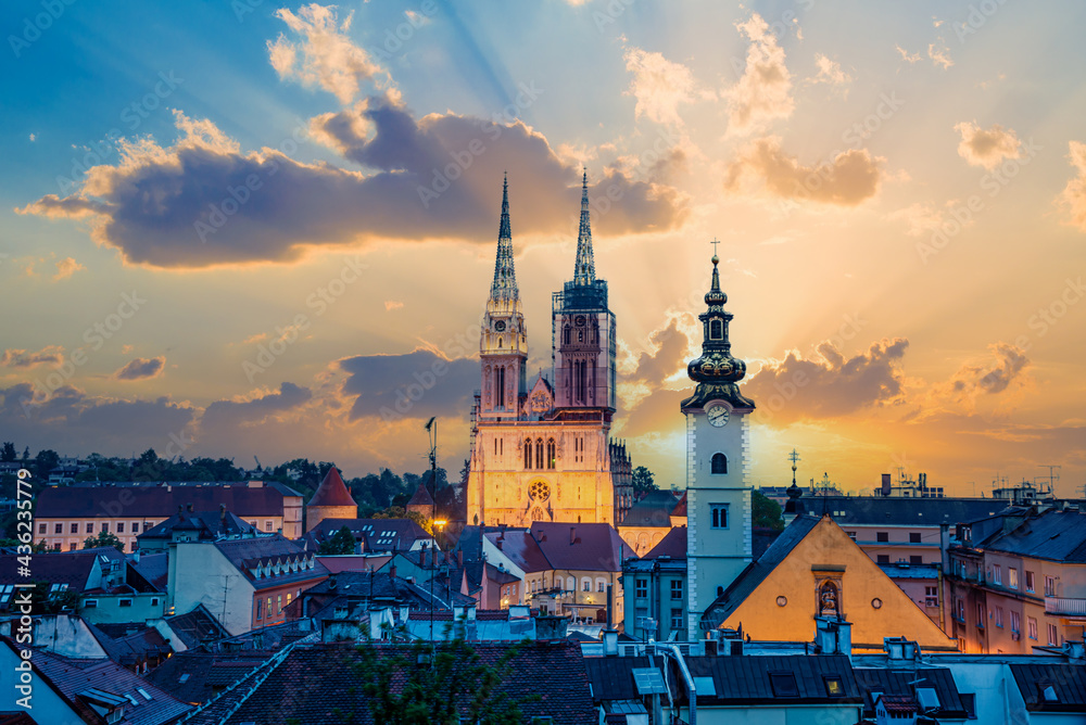 Cityscape view of the Zagreb Capital of Croatia at sunset with the famous Roman historical Cathedral