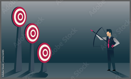 vector illustration of Goals and challenges, businessman holding bow and arrow aiming at targets of different heights held by his companion