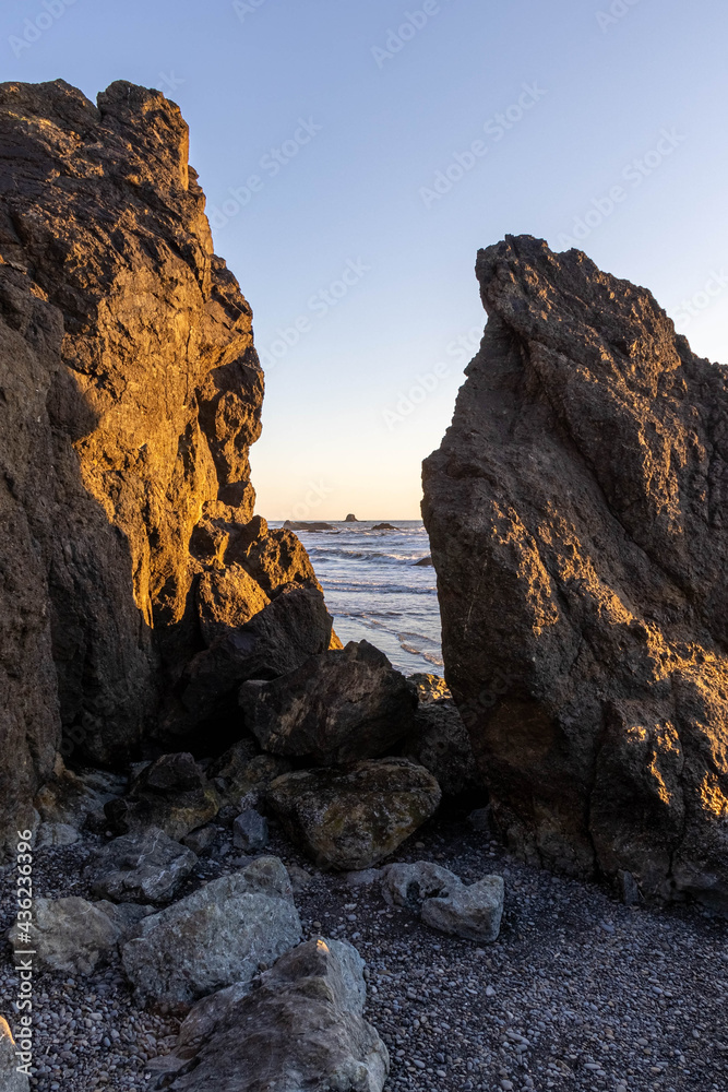 Sea stacks on the coast of Olympic National Park on Ruby Beach with rough seas in the evening. Sea stacks on the coast of Olympic National Park on Ruby Beach with rough seas in the evening.