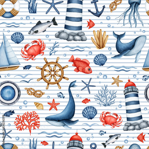 Watercolor Nautical seamless pattern. Hand drawn Lighthouse, Sailboat, Ship Equipment, Whale. Underwater Animal, Seaweed, Coral, Shell. Sea Life. Maritime background for print fabric, textile, package