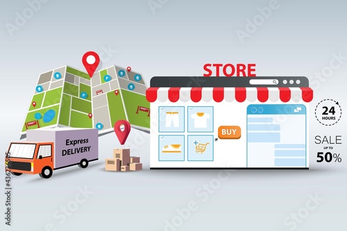 Concept of offline shopping, truck is ready to deliver the goods from store to customer in the city that show in a big map and marker in perspective view.
