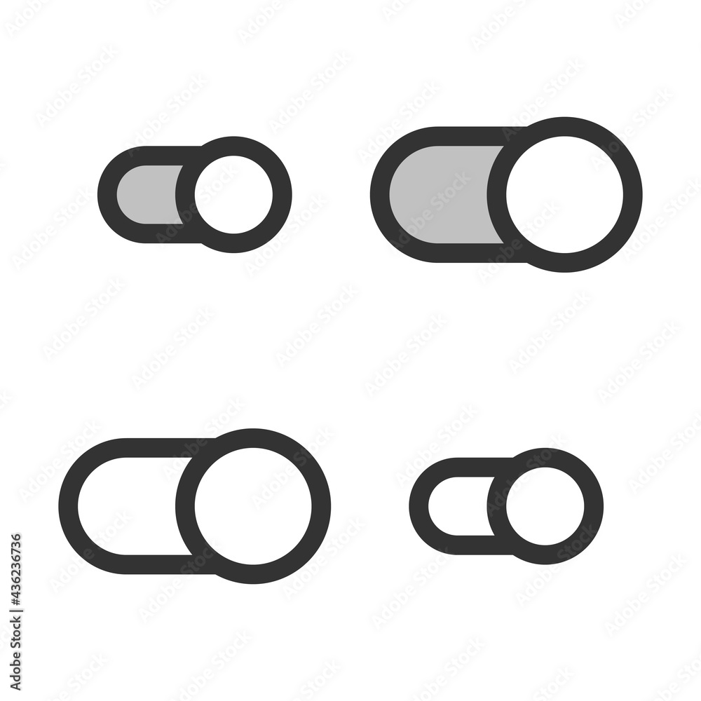 Pixel-perfect linear icon of slider button in ON position built on two base grids of 32x32 and 24x24 pixels. The initial line weight is 2 pixels. In two-color and one-color versions. Editable strokes Pixel-perfect linear icon of slider button in ON position built on two base grids of 32x32 and 24x24 pixels. The initial line weight is 2 pixels. In two-color and one-color versions. Editable strokes