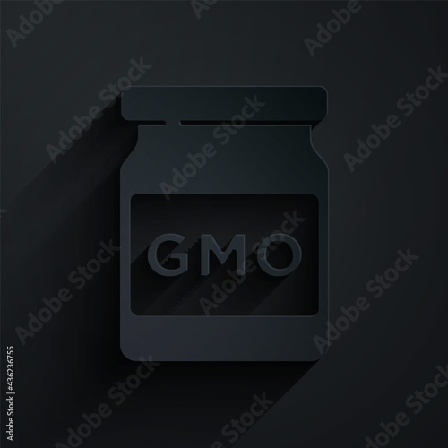 Paper cut GMO icon isolated on black background. Genetically modified organism acronym. Dna food modification. Paper art style. Vector