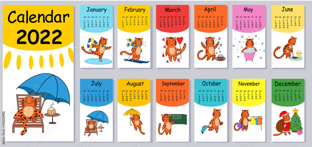 Fototapeta premium Vertical wall calendar design template for 2022, the year of the Tiger according to the Chinese calendar in English.