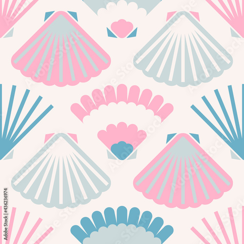 Marine vector hand drawn seamless pattern with ornamental sea shells in pastel colors. Perfect for textiles, wallpaper and prints.