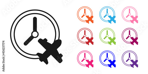 Black Clock with airplane icon isolated on white background. Designation of time before departure, check-in for flight and arrival time symbol. Set icons colorful. Vector