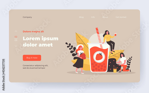 Fruit and berry smoothie production. Woman picking strawberry, holding glass of juice. Flat vector illustration. Summer, cold drink, fresh bar concept for banner, website design or landing web page