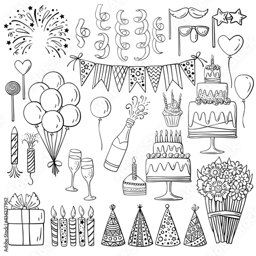 Set of hand-drawn Birthday and celebrations images. Happy Birthday doodle illustration .