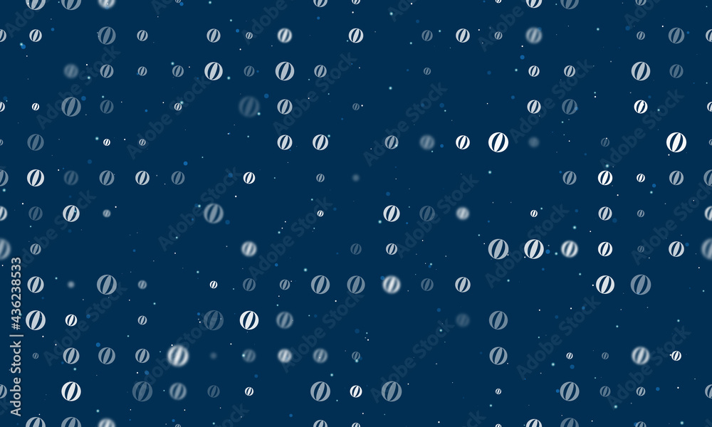Seamless background pattern of evenly spaced white beach ball symbols of different sizes and opacity. Vector illustration on dark blue background with stars Seamless background pattern of evenly spaced white beach ball symbols of different sizes and opacity. Vector illustration on dark blue background with stars