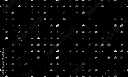 Seamless background pattern of evenly spaced white cheese symbols of different sizes and opacity. Vector illustration on black background with stars