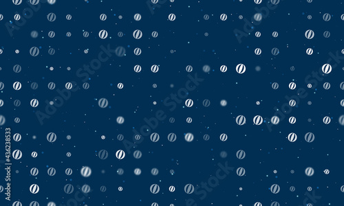 Seamless background pattern of evenly spaced white beach ball symbols of different sizes and opacity. Vector illustration on dark blue background with stars