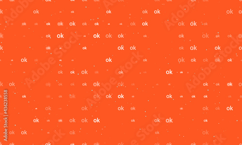Seamless background pattern of evenly spaced white ok symbols of different sizes and opacity. Vector illustration on deep orange background with stars