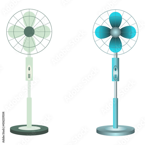 Set of two stand fans in different styles. Electric floor ventilator for climate control or air cooling. Wind blower for hot weather
