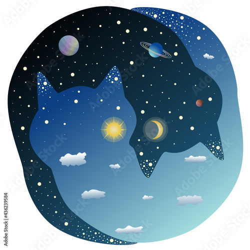 Yin-yang cats with cosmos and sky inside. Night cat with moon and stars, day cat with sun and clouds. Colorful vector illustration for children
