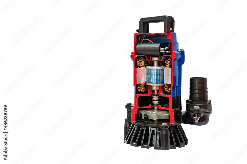 Fototapeta premium cross section show detail inside electric motor of vertical water suction pump (dip type) and vane or propeller for high pressure in sanitation or plumbing industrial work isolated with clipping path