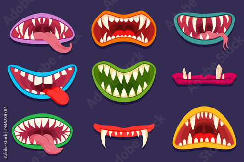 Mouths of cartoon monster characters vector illustrations set. Scary creatures, goblins, trolls or gremlins, tongue and teeth isolated on purple background. Fantasy, Halloween, fairytale concept