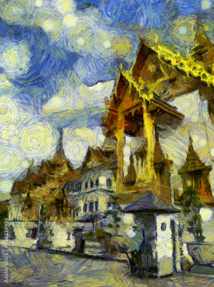 Fototapeta premium Grand Palace, Bangkok Illustrations creates an impressionist style of painting.